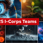 Collage of images showing the close-up of an eye looking at computer code, a plant growing in the soil, 3D printer with metal dust, and two images of computerized cell images