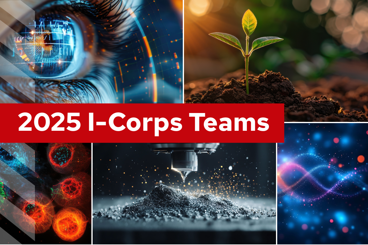 Collage of images showing the close-up of an eye looking at computer code, a plant growing in the soil, 3D printer with metal dust, and two images of computerized cell images