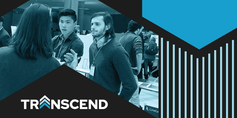 Transcend logo with a photo of two men talking to another person